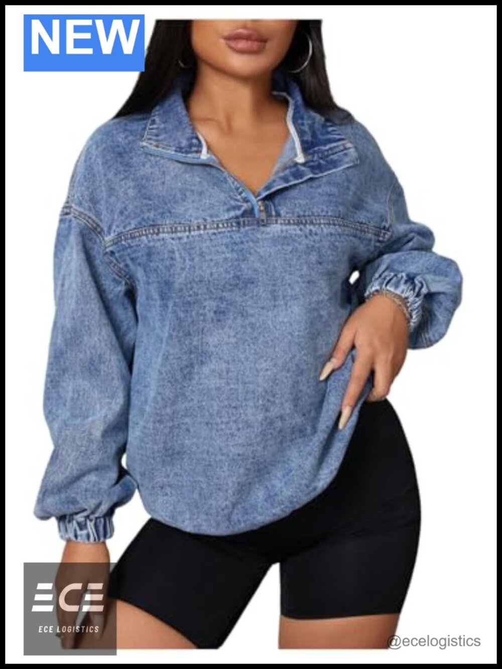 Quarter Zip Denim Sweatshirt Long Sleeve Collared Pullover Loose Top